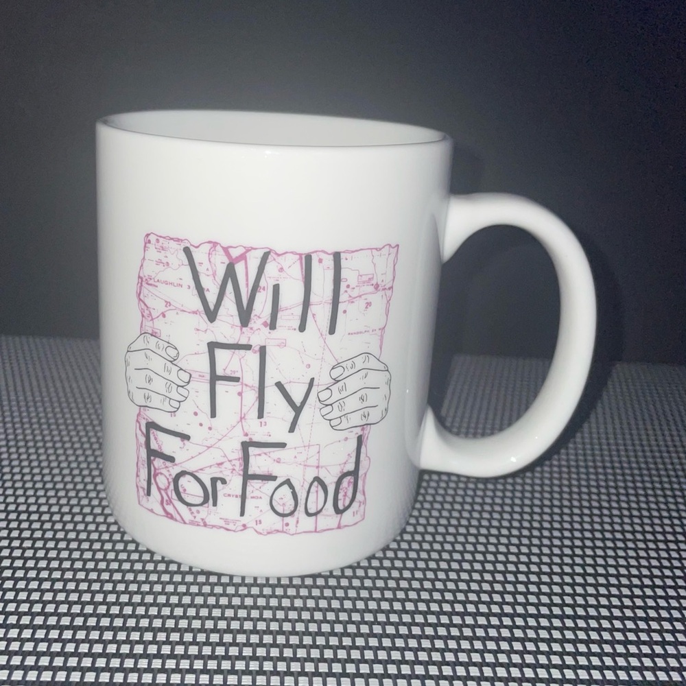 Will Fly For Food 10 oz. Coffee Cup Mug Hands Holding Map